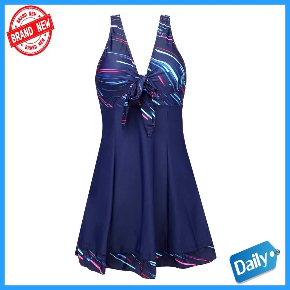 High Waist Padded One Piece Swim Dress, Slim Fit, V-Neck, Built-In Coverage
